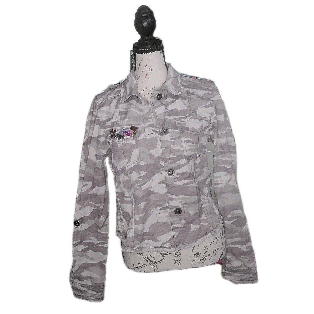 BKE Outerwear Womens‎ Medium Camo Jean Jacket Gray White 100% Cotton Distressed